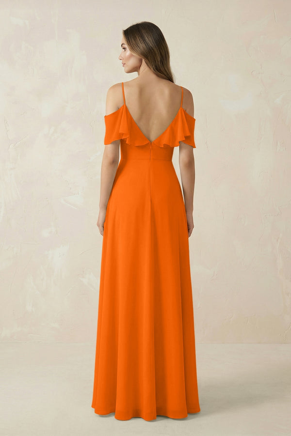 Off - the - Shoulder Ruffled A - Line Chiffon Bridesmaid Dress in Cinnamon - KissProm Bridesmaid Dresses