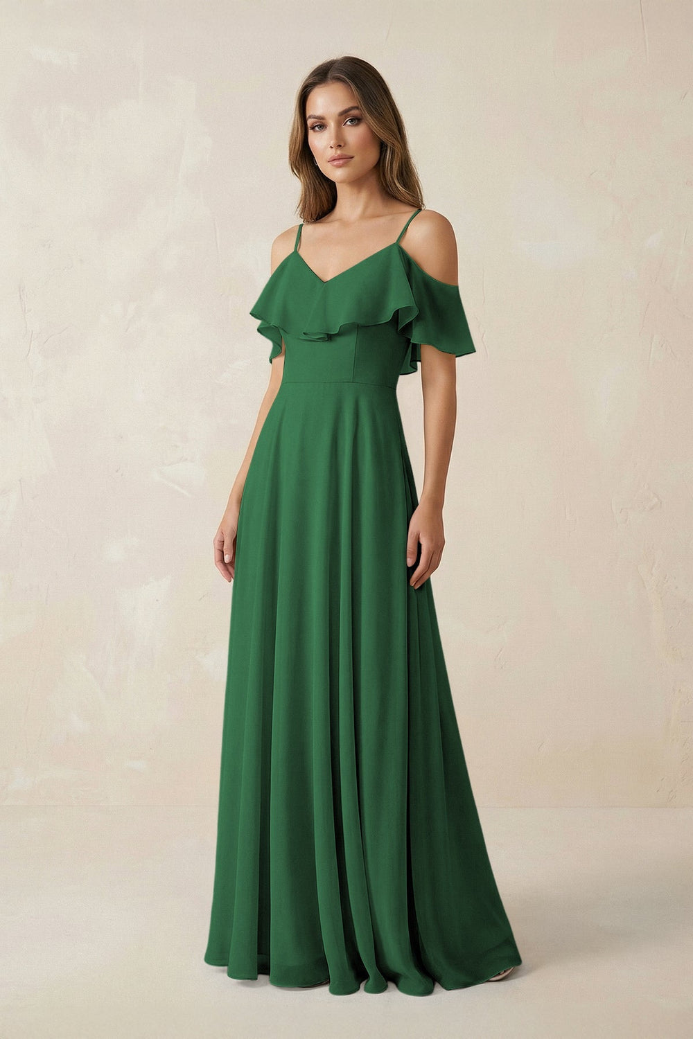 Off - the - Shoulder Ruffled A - Line Chiffon Bridesmaid Dress in Dark Green - KissProm Bridesmaid Dresses
