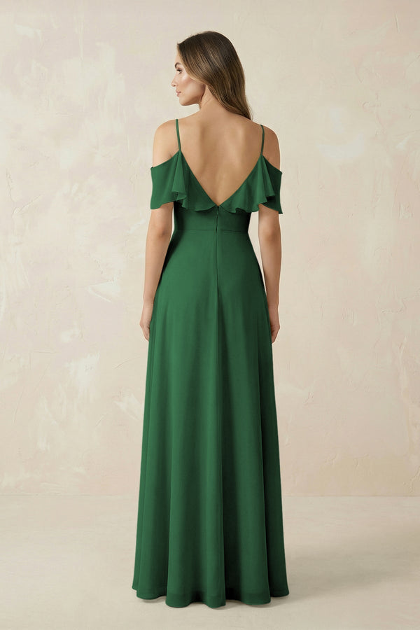 Off - the - Shoulder Ruffled A - Line Chiffon Bridesmaid Dress in Dark Green - KissProm Bridesmaid Dresses