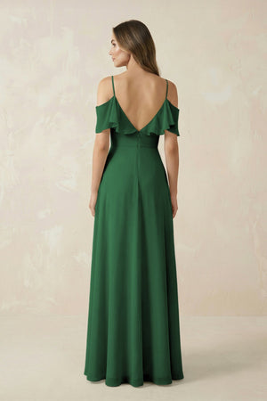 Off - the - Shoulder Ruffled A - Line Chiffon Bridesmaid Dress in Dark Green - KissProm Bridesmaid Dresses