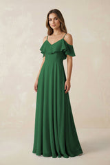 Off - the - Shoulder Ruffled A - Line Chiffon Bridesmaid Dress in Dark Green - KissProm Bridesmaid Dresses