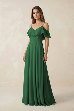 Off - the - Shoulder Ruffled A - Line Chiffon Bridesmaid Dress in Dark Green - KissProm Bridesmaid Dresses