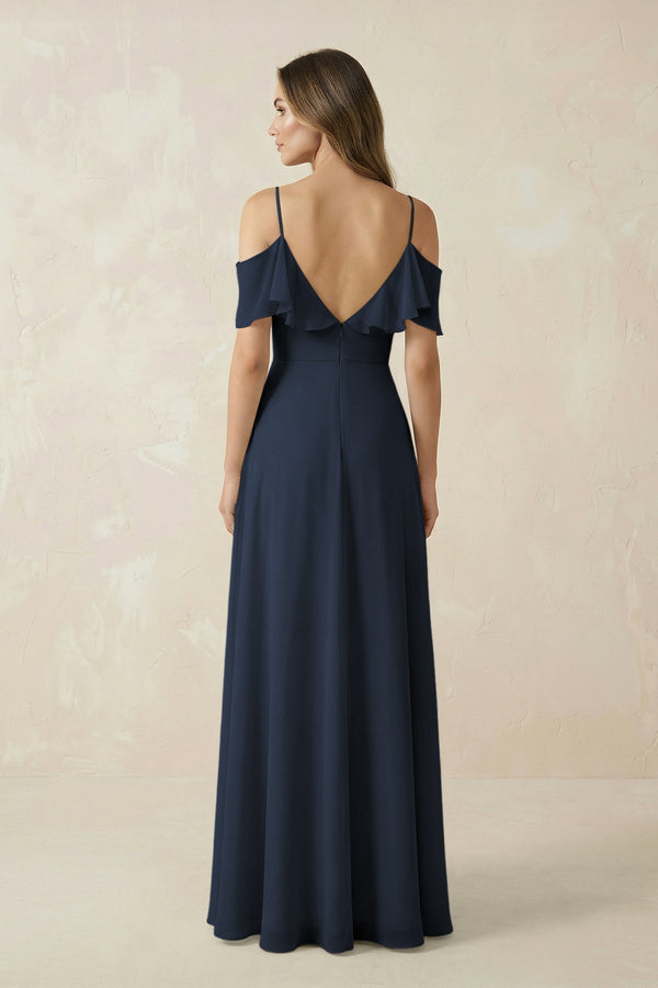 Off - the - Shoulder Ruffled A - Line Chiffon Bridesmaid Dress in Dark Navy - KissProm Bridesmaid Dresses