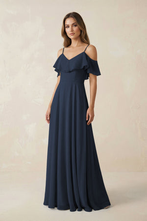 Off - the - Shoulder Ruffled A - Line Chiffon Bridesmaid Dress in Dark Navy - KissProm Bridesmaid Dresses