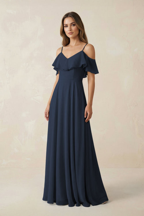Off - the - Shoulder Ruffled A - Line Chiffon Bridesmaid Dress in Dark Navy - KissProm Bridesmaid Dresses