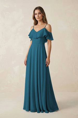 Off - the - Shoulder Ruffled A - Line Chiffon Bridesmaid Dress in Dark Teal - KissProm Bridesmaid Dresses