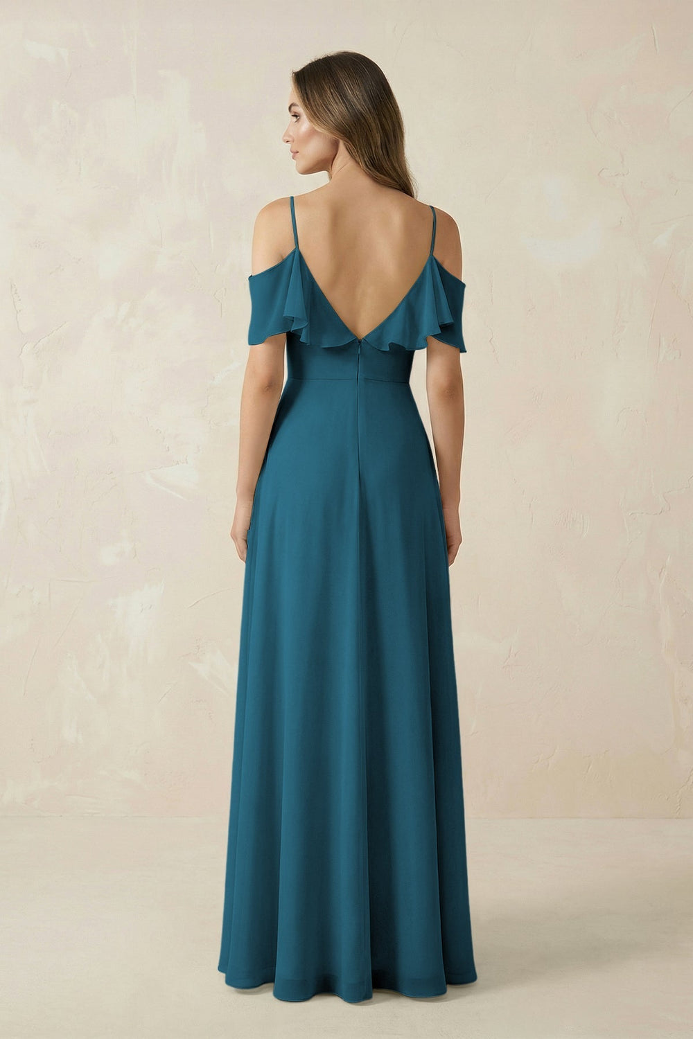 Off - the - Shoulder Ruffled A - Line Chiffon Bridesmaid Dress in Dark Teal - KissProm Bridesmaid Dresses