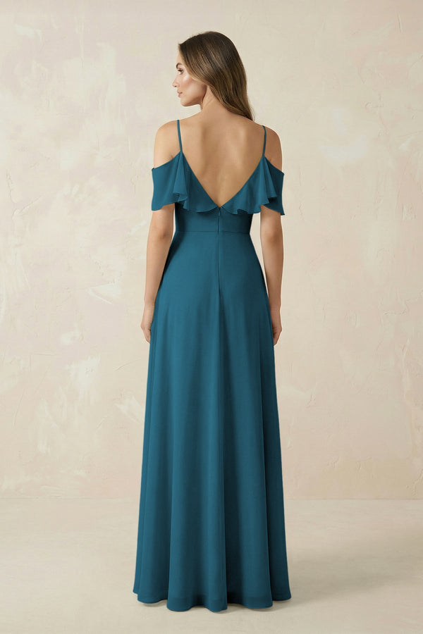 Off - the - Shoulder Ruffled A - Line Chiffon Bridesmaid Dress in Dark Teal - KissProm Bridesmaid Dresses