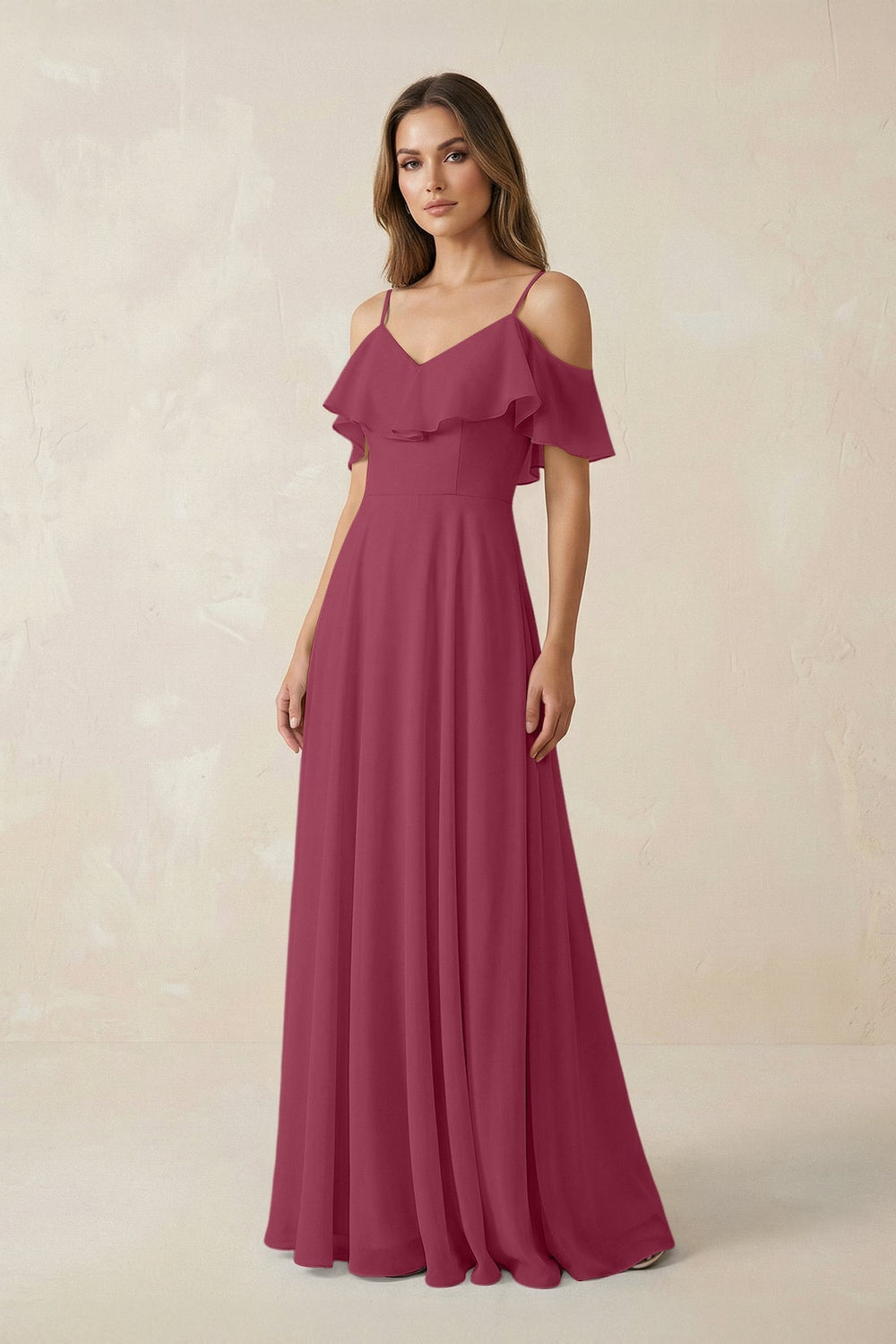 Off - the - Shoulder Ruffled A - Line Chiffon Bridesmaid Dress in Desert Rose - KissProm Bridesmaid Dresses