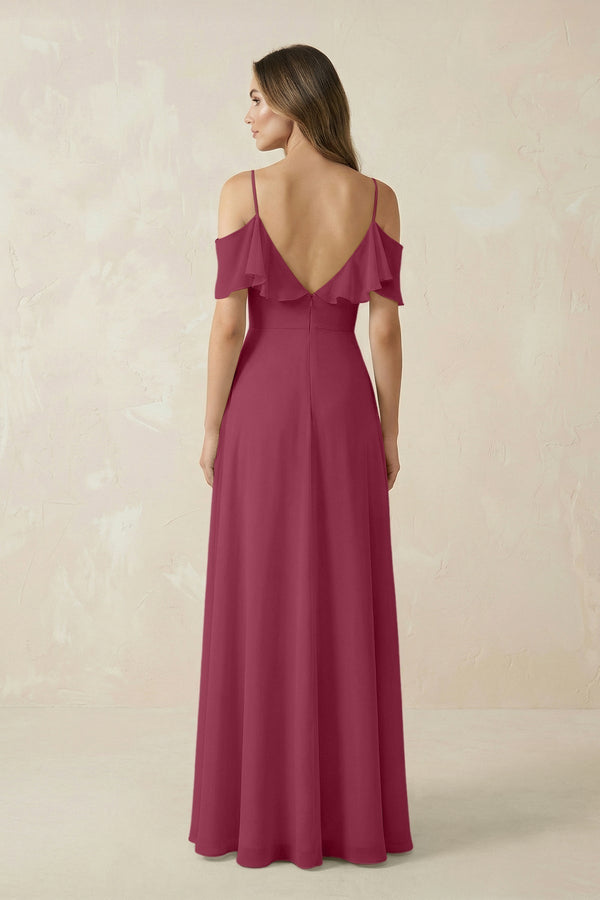 Off - the - Shoulder Ruffled A - Line Chiffon Bridesmaid Dress in Desert Rose - KissProm Bridesmaid Dresses