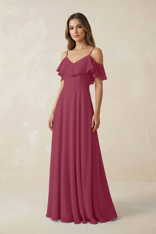 Off - the - Shoulder Ruffled A - Line Chiffon Bridesmaid Dress in Desert Rose - KissProm Bridesmaid Dresses