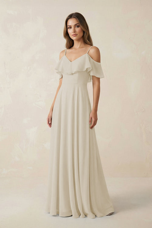Off - the - Shoulder Ruffled A - Line Chiffon Bridesmaid Dress in Dove Gray - KissProm Bridesmaid Dresses