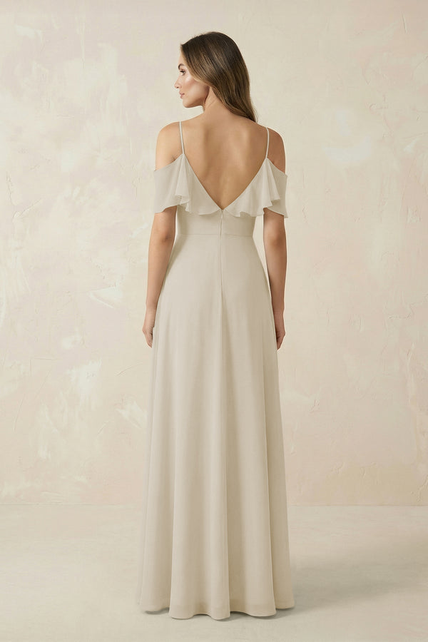 Off - the - Shoulder Ruffled A - Line Chiffon Bridesmaid Dress in Dove Gray - KissProm Bridesmaid Dresses