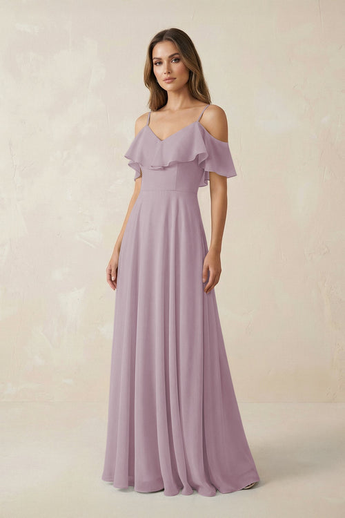 Off - the - Shoulder Ruffled A - Line Chiffon Bridesmaid Dress in Dusk - KissProm Bridesmaid Dresses