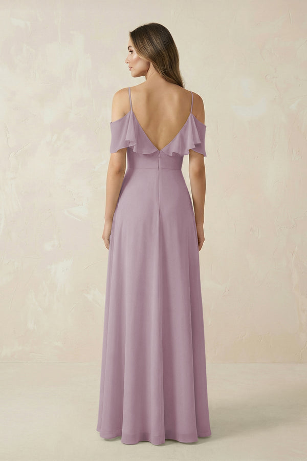 Off - the - Shoulder Ruffled A - Line Chiffon Bridesmaid Dress in Dusk - KissProm Bridesmaid Dresses