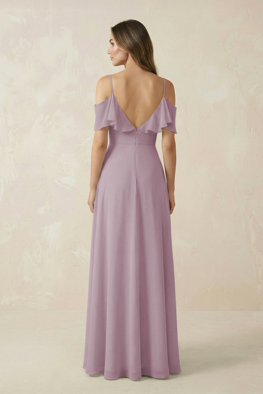 Off - the - Shoulder Ruffled A - Line Chiffon Bridesmaid Dress in Dusk - KissProm Bridesmaid Dresses