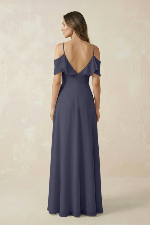 Off - the - Shoulder Ruffled A - Line Chiffon Bridesmaid Dress in Dusk Blue - KissProm Bridesmaid Dresses