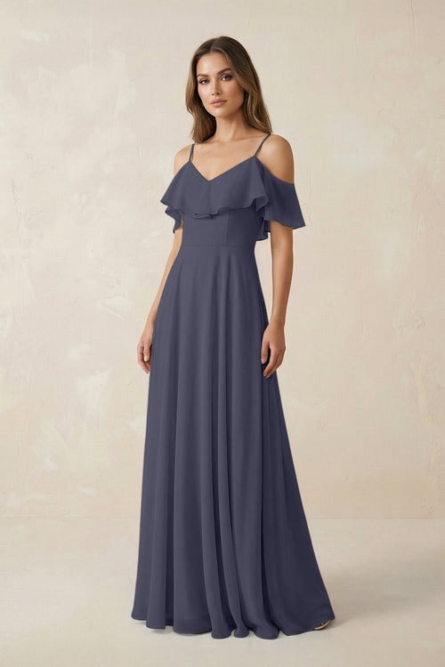 Off - the - Shoulder Ruffled A - Line Chiffon Bridesmaid Dress in Dusk Blue - KissProm Bridesmaid Dresses