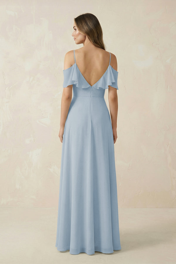 Off - the - Shoulder Ruffled A - Line Chiffon Bridesmaid Dress in Dusty Blue - KissProm Bridesmaid Dresses
