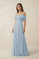 Off - the - Shoulder Ruffled A - Line Chiffon Bridesmaid Dress in Dusty Blue - KissProm Bridesmaid Dresses