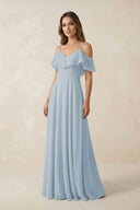 Off - the - Shoulder Ruffled A - Line Chiffon Bridesmaid Dress in Dusty Blue - KissProm Bridesmaid Dresses