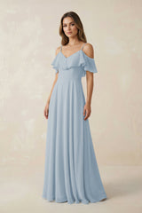 Off - the - Shoulder Ruffled A - Line Chiffon Bridesmaid Dress in Dusty Blue - KissProm Bridesmaid Dresses
