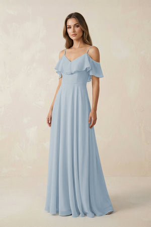 Off - the - Shoulder Ruffled A - Line Chiffon Bridesmaid Dress in Dusty Blue - KissProm Bridesmaid Dresses