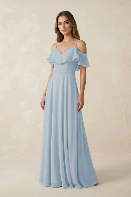 Off - the - Shoulder Ruffled A - Line Chiffon Bridesmaid Dress in Dusty Blue - KissProm Bridesmaid Dresses