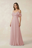 Off - the - Shoulder Ruffled A - Line Chiffon Bridesmaid Dress in Dusty Rose - KissProm Bridesmaid Dresses