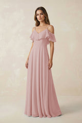 Off - the - Shoulder Ruffled A - Line Chiffon Bridesmaid Dress in Dusty Rose - KissProm Bridesmaid Dresses
