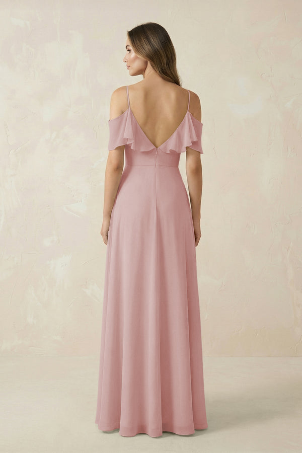 Off - the - Shoulder Ruffled A - Line Chiffon Bridesmaid Dress in Dusty Rose - KissProm Bridesmaid Dresses