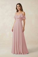 Off - the - Shoulder Ruffled A - Line Chiffon Bridesmaid Dress in Dusty Rose - KissProm Bridesmaid Dresses