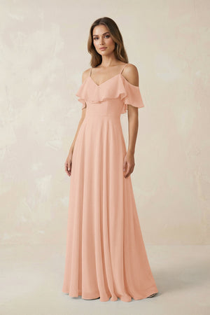 Off - the - Shoulder Ruffled A - Line Chiffon Bridesmaid Dress in English Rose - KissProm Bridesmaid Dresses