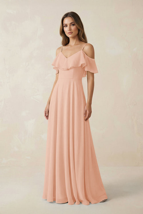 Off - the - Shoulder Ruffled A - Line Chiffon Bridesmaid Dress in English Rose - KissProm Bridesmaid Dresses