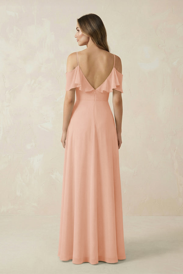Off - the - Shoulder Ruffled A - Line Chiffon Bridesmaid Dress in English Rose - KissProm Bridesmaid Dresses