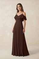 Off - the - Shoulder Ruffled A - Line Chiffon Bridesmaid Dress in Espresso - KissProm Bridesmaid Dresses