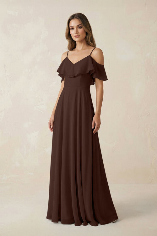 Off - the - Shoulder Ruffled A - Line Chiffon Bridesmaid Dress in Espresso - KissProm Bridesmaid Dresses