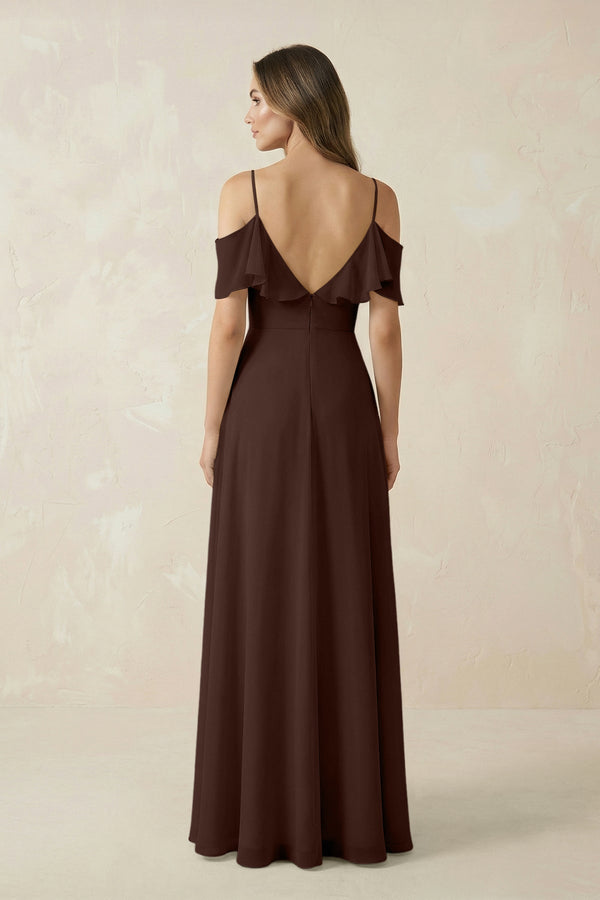 Off - the - Shoulder Ruffled A - Line Chiffon Bridesmaid Dress in Espresso - KissProm Bridesmaid Dresses