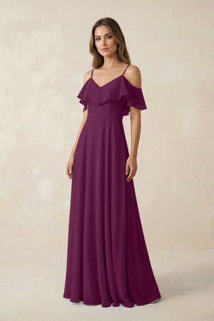 Off - the - Shoulder Ruffled A - Line Chiffon Bridesmaid Dress in Fig - KissProm Bridesmaid Dresses