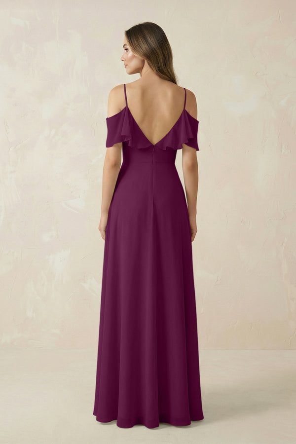 Off - the - Shoulder Ruffled A - Line Chiffon Bridesmaid Dress in Fig - KissProm Bridesmaid Dresses
