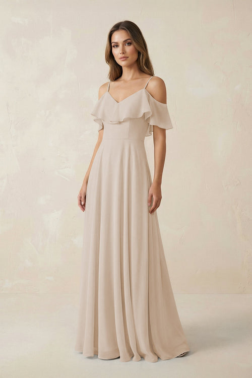 Off - the - Shoulder Ruffled A - Line Chiffon Bridesmaid Dress in Frost - KissProm Bridesmaid Dresses
