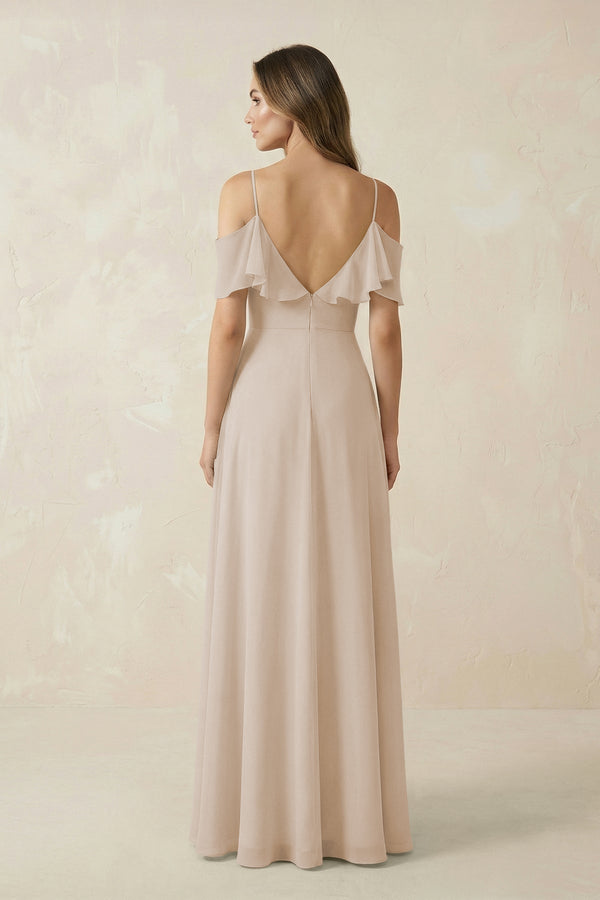 Off - the - Shoulder Ruffled A - Line Chiffon Bridesmaid Dress in Frost - KissProm Bridesmaid Dresses