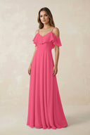 Off - the - Shoulder Ruffled A - Line Chiffon Bridesmaid Dress in Fuchsia - KissProm Bridesmaid Dresses