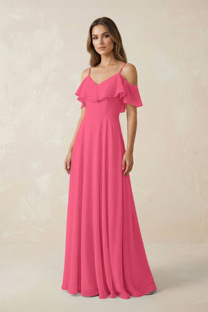 Off - the - Shoulder Ruffled A - Line Chiffon Bridesmaid Dress in Fuchsia - KissProm Bridesmaid Dresses