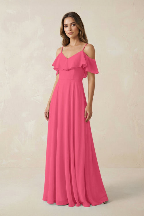 Off - the - Shoulder Ruffled A - Line Chiffon Bridesmaid Dress in Fuchsia - KissProm Bridesmaid Dresses