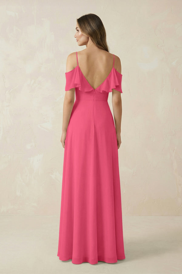 Off - the - Shoulder Ruffled A - Line Chiffon Bridesmaid Dress in Fuchsia - KissProm Bridesmaid Dresses