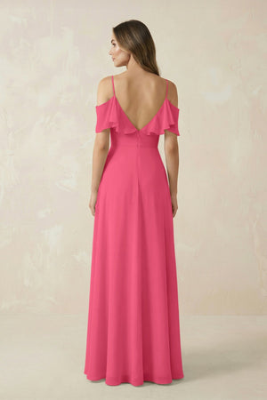 Off - the - Shoulder Ruffled A - Line Chiffon Bridesmaid Dress in Fuchsia - KissProm Bridesmaid Dresses