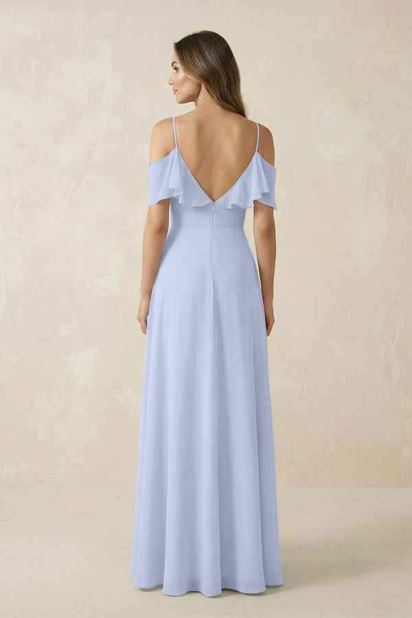 Off - the - Shoulder Ruffled A - Line Chiffon Bridesmaid Dress in Ice - KissProm Bridesmaid Dresses