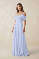 Off - the - Shoulder Ruffled A - Line Chiffon Bridesmaid Dress in Ice - KissProm Bridesmaid Dresses