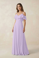 Off - the - Shoulder Ruffled A - Line Chiffon Bridesmaid Dress in Lavender - KissProm Bridesmaid Dresses
